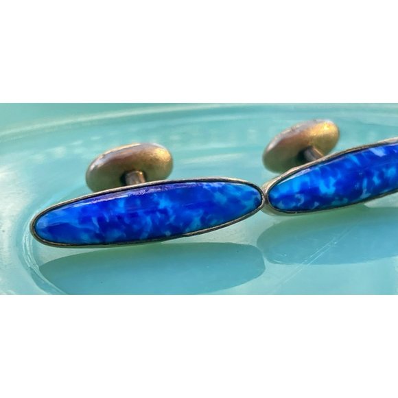 Antique Gold Filled Cufflinks Blue white Lapis style Glass - Picture 3 of 9